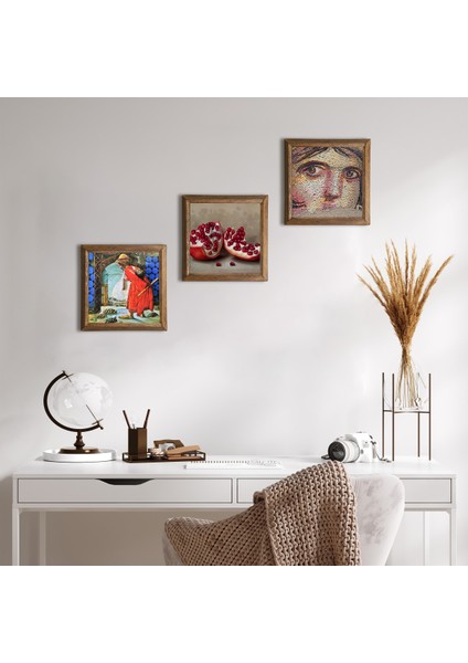Çingene Kızı Mozaiği, Kaplumbağa Terbiyecisi, Nar Taş Duvar Tablosu Ahşap Çerçeveli Duvar Dekoru 3 Parça Tablo Seti Wall Art W3-1531