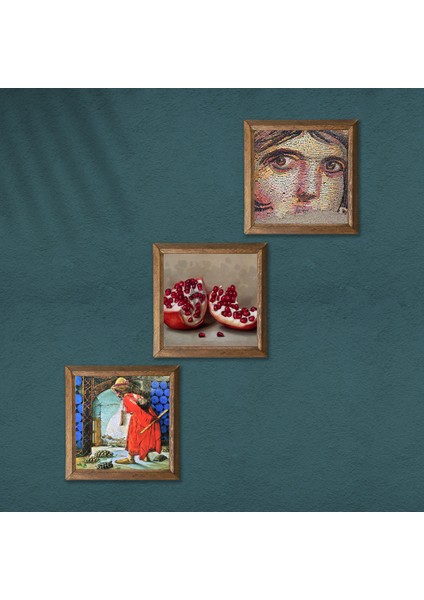 Çingene Kızı Mozaiği, Kaplumbağa Terbiyecisi, Nar Taş Duvar Tablosu Ahşap Çerçeveli Duvar Dekoru 3 Parça Tablo Seti Wall Art W3-1531 modelleri