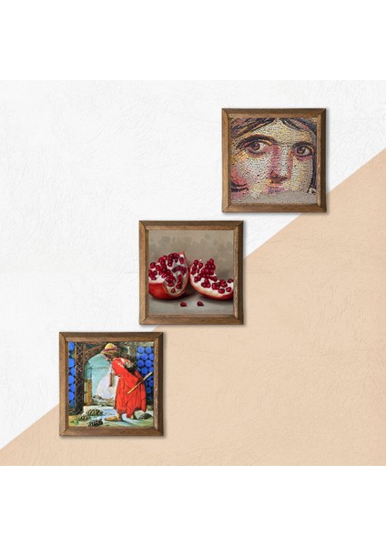 Çingene Kızı Mozaiği, Kaplumbağa Terbiyecisi, Nar Taş Duvar Tablosu Ahşap Çerçeveli Duvar Dekoru 3 Parça Tablo Seti Wall Art W3-1531 indirimleri
