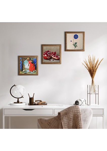 Ebru Sanatı, Kaplumbağa Terbiyecisi, Nar Taş Duvar Tablosu Ahşap Çerçeveli Duvar Dekoru 3 Parça Tablo Seti Wall Art W3-1540