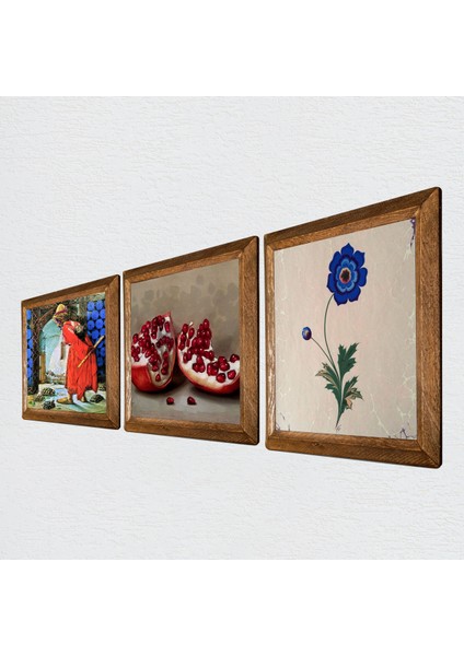 Ebru Sanatı, Kaplumbağa Terbiyecisi, Nar Taş Duvar Tablosu Ahşap Çerçeveli Duvar Dekoru 3 Parça Tablo Seti Wall Art W3-1540