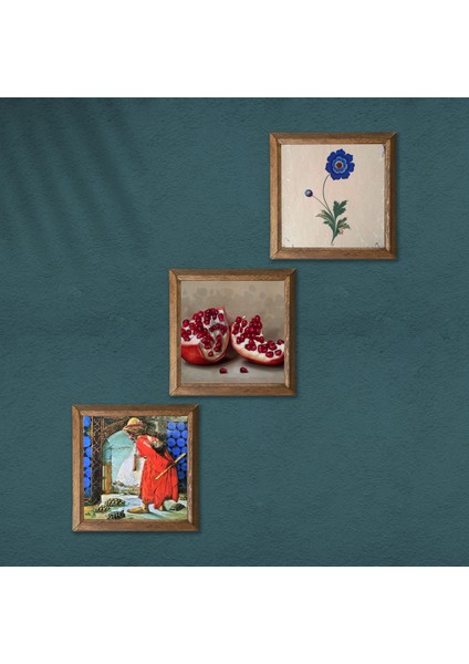 Ebru Sanatı, Kaplumbağa Terbiyecisi, Nar Taş Duvar Tablosu Ahşap Çerçeveli Duvar Dekoru 3 Parça Tablo Seti Wall Art W3-1540