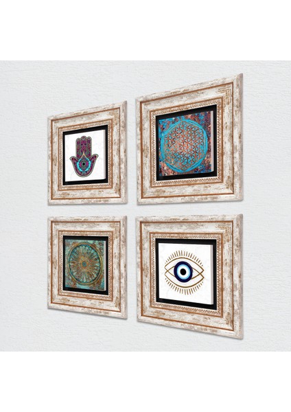 Nazar, Yaşam Çiçeği, Fatma Ana Eli (Hamsa) Taş Duvar Tablosu Çerçeveli Duvar Dekoru 4 Parça Tablo Seti Wall Art T4-1451 fiyatları