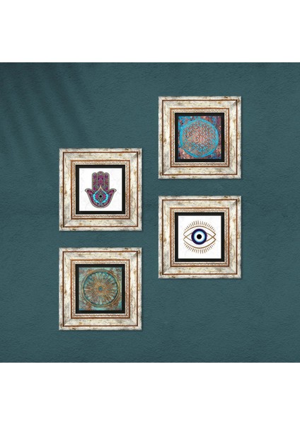 Nazar, Yaşam Çiçeği, Fatma Ana Eli (Hamsa) Taş Duvar Tablosu Çerçeveli Duvar Dekoru 4 Parça Tablo Seti Wall Art T4-1451 fırsatları