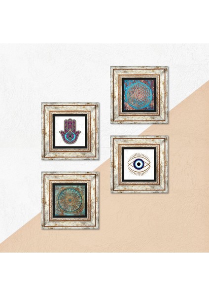 Nazar, Yaşam Çiçeği, Fatma Ana Eli (Hamsa) Taş Duvar Tablosu Çerçeveli Duvar Dekoru 4 Parça Tablo Seti Wall Art T4-1451 indirimleri