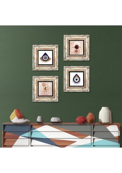 Nazar, Minimalist Soyut Taş Duvar Tablosu Çerçeveli Duvar Dekoru 4 Parça Tablo Seti Wall Art T4-1473