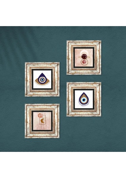 Nazar, Minimalist Soyut Taş Duvar Tablosu Çerçeveli Duvar Dekoru 4 Parça Tablo Seti Wall Art T4-1473