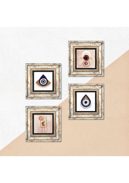Nazar, Minimalist Soyut Taş Duvar Tablosu Çerçeveli Duvar Dekoru 4 Parça Tablo Seti Wall Art T4-1473
