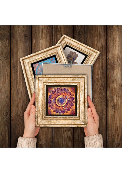 Mandala, Şahmeran, Hayat Ağacı Taş Duvar Tablosu Çerçeveli Duvar Dekoru 4 Parça Tablo Seti Wall Art T4-723