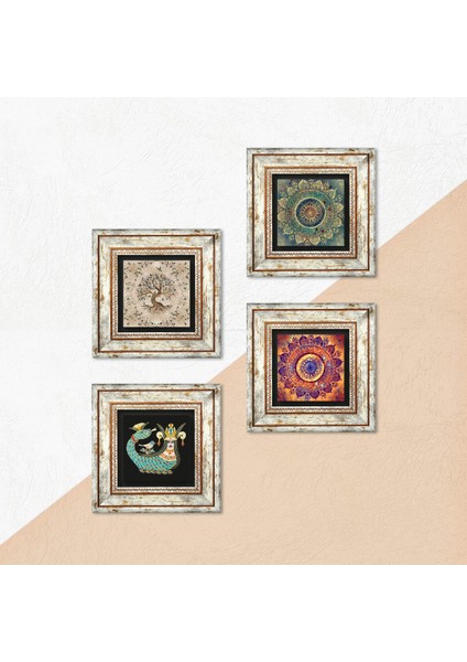 Mandala, Şahmeran, Hayat Ağacı Taş Duvar Tablosu Çerçeveli Duvar Dekoru 4 Parça Tablo Seti Wall Art T4-723