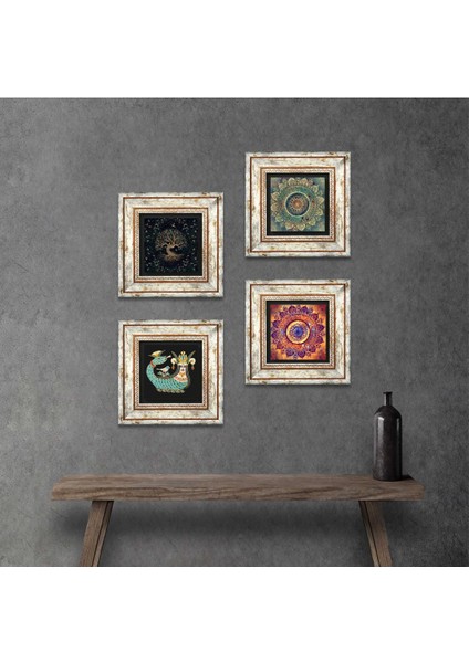 Stone Mandala, Hayat Ağacı, Şahmeran Çerçeveli Taş Duvar Tablosu 4’lü Set - Dekoratif Modern Sanat, Ev ve Ofis Dekoru |TK4-724|