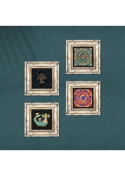 Stone Mandala, Hayat Ağacı, Şahmeran Çerçeveli Taş Duvar Tablosu 4’lü Set - Dekoratif Modern Sanat, Ev ve Ofis Dekoru |TK4-724| fırsatları