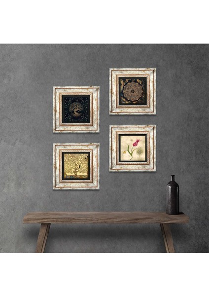 Sri Yantra, Hayat Ağacı, Lale, Gustav Klimt Hayat Ağacı Çerçeveli Taş Duvar Tablosu 4’lü Set - Dekoratif Modern Sanat, Ev ve Ofis Dekoru |TK4-736|