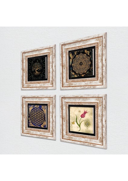 Sri Yantra, Yaşam Çiçeği, Hayat Ağacı, Lale Taş Duvar Tablosu Çerçeveli Duvar Dekoru 4 Parça Tablo Seti Wall Art T4-737