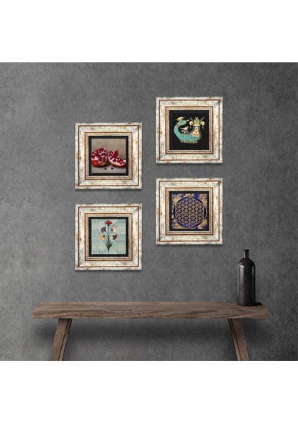 Ebru Sanatı, Yaşam Çiçeği, Şahmeran, Nar Taş Duvar Tablosu Çerçeveli Duvar Dekoru 4 Parça Tablo Seti Wall Art T4-773