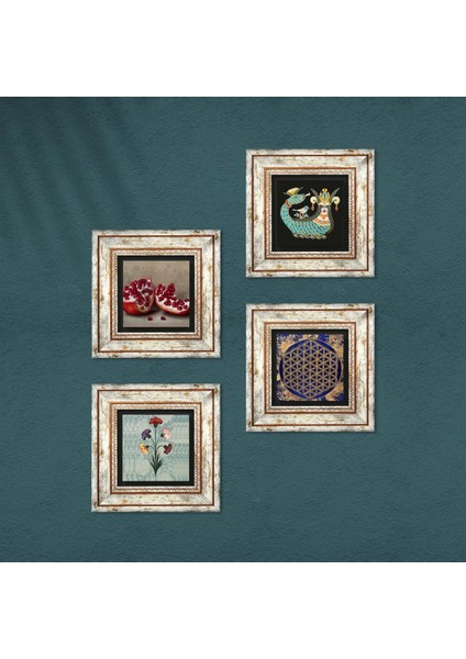 Ebru Sanatı, Yaşam Çiçeği, Şahmeran, Nar Taş Duvar Tablosu Çerçeveli Duvar Dekoru 4 Parça Tablo Seti Wall Art T4-773