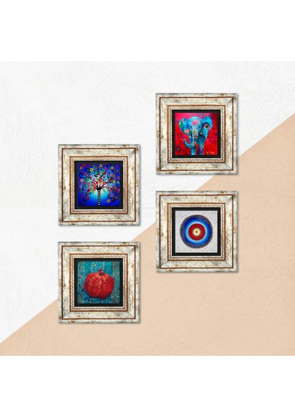 Nazar, Fil, Hayat Ağacı, Nar Taş Duvar Tablosu Çerçeveli Duvar Dekoru 4 Parça Tablo Seti Wall Art T4-871