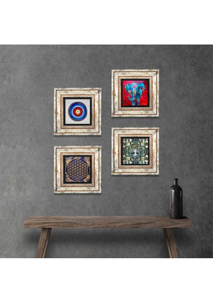 Nazar, Hayat Ağacı, Fil, Yaşam Çiçeği Çerçeveli Taş Duvar Tablosu 4’lü Set - Dekoratif Modern Sanat, Ev ve Ofis Dekoru |TK4-899|