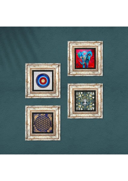 Nazar, Hayat Ağacı, Fil, Yaşam Çiçeği Çerçeveli Taş Duvar Tablosu 4’lü Set - Dekoratif Modern Sanat, Ev ve Ofis Dekoru |TK4-899| fırsatları