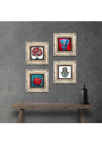 Stone Fil, Hayat Ağacı, Nar, Fatma Ana Eli (Hamsa) Çerçeveli Taş Duvar Tablosu 4’lü Set - Dekoratif Modern Sanat, Ev ve Ofis Dekoru |TK4-874|