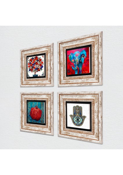 Stone Fil, Hayat Ağacı, Nar, Fatma Ana Eli (Hamsa) Çerçeveli Taş Duvar Tablosu 4’lü Set - Dekoratif Modern Sanat, Ev ve Ofis Dekoru |TK4-874| fiyatları