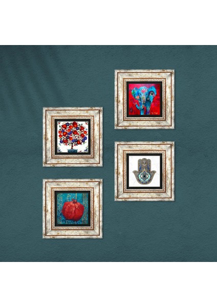 Stone Fil, Hayat Ağacı, Nar, Fatma Ana Eli (Hamsa) Çerçeveli Taş Duvar Tablosu 4’lü Set - Dekoratif Modern Sanat, Ev ve Ofis Dekoru |TK4-874| fırsatları