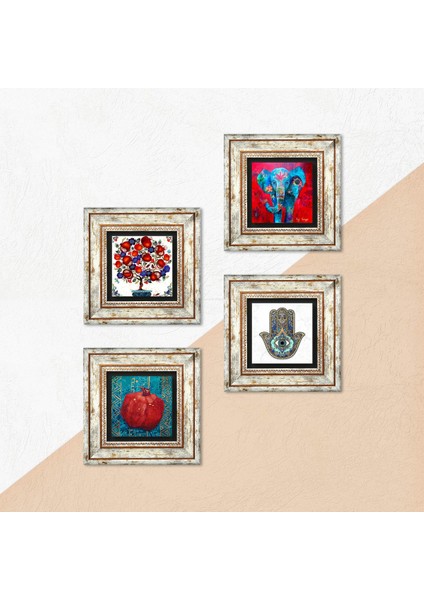 Stone Fil, Hayat Ağacı, Nar, Fatma Ana Eli (Hamsa) Çerçeveli Taş Duvar Tablosu 4’lü Set - Dekoratif Modern Sanat, Ev ve Ofis Dekoru |TK4-874| indirimleri
