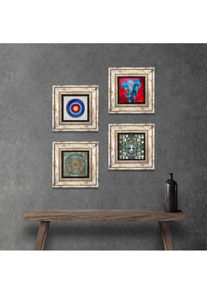 Nazar, Hayat Ağacı, Fil, Yaşam Çiçeği Taş Duvar Tablosu Çerçeveli Duvar Dekoru 4 Parça Tablo Seti Wall Art T4-895