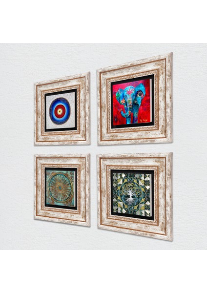 Nazar, Hayat Ağacı, Fil, Yaşam Çiçeği Taş Duvar Tablosu Çerçeveli Duvar Dekoru 4 Parça Tablo Seti Wall Art T4-895 fiyatları