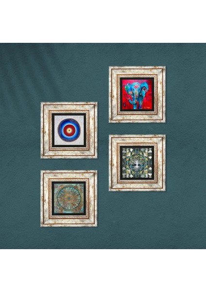 Nazar, Hayat Ağacı, Fil, Yaşam Çiçeği Taş Duvar Tablosu Çerçeveli Duvar Dekoru 4 Parça Tablo Seti Wall Art T4-895 fırsatları