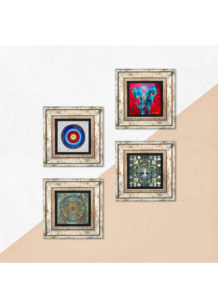 Nazar, Hayat Ağacı, Fil, Yaşam Çiçeği Taş Duvar Tablosu Çerçeveli Duvar Dekoru 4 Parça Tablo Seti Wall Art T4-895 indirimleri