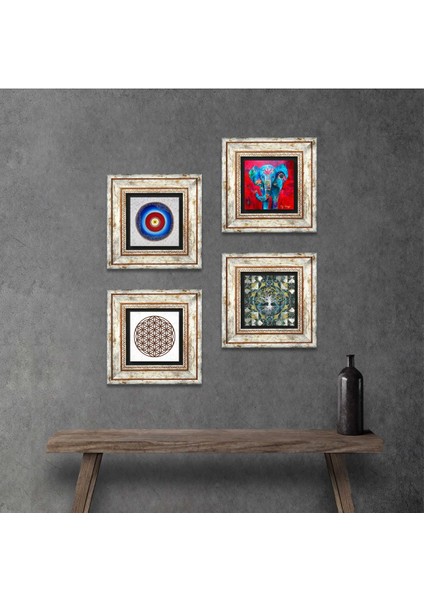 Nazar, Hayat Ağacı, Fil, Yaşam Çiçeği Çerçeveli Taş Duvar Tablosu 4’lü Set - Dekoratif Modern Sanat, Ev ve Ofis Dekoru |TK4-898|