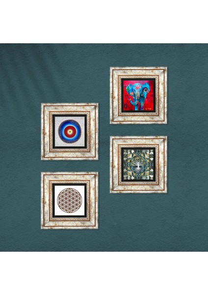 Nazar, Hayat Ağacı, Fil, Yaşam Çiçeği Çerçeveli Taş Duvar Tablosu 4’lü Set - Dekoratif Modern Sanat, Ev ve Ofis Dekoru |TK4-898| fırsatları