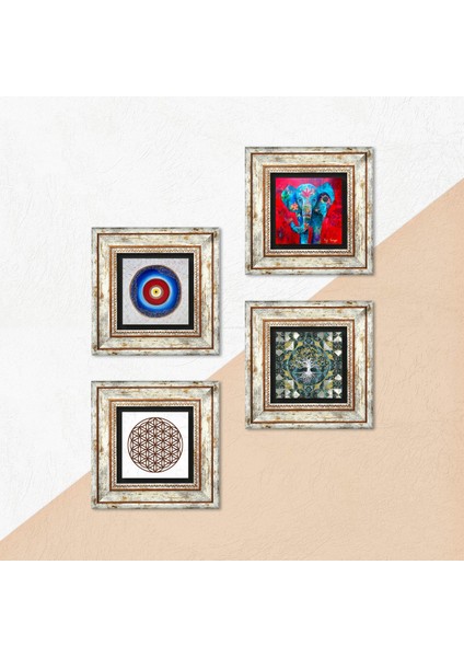 Nazar, Hayat Ağacı, Fil, Yaşam Çiçeği Çerçeveli Taş Duvar Tablosu 4’lü Set - Dekoratif Modern Sanat, Ev ve Ofis Dekoru |TK4-898| indirimleri