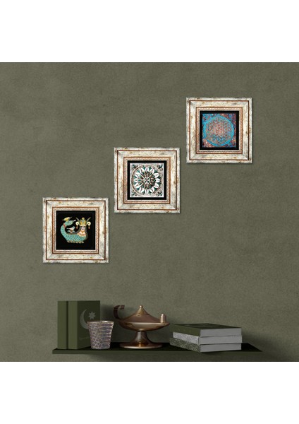 Yaşam Çiçeği, Çini Sanatı, Şahmeran Taş Duvar Tablosu Çerçeveli Duvar Dekoru 3 Parça Tablo Seti Wall Art T3-124