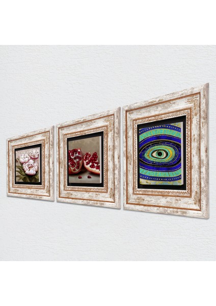 Nazar, Kelebekli Çiçek, Nar Taş Duvar Tablosu Çerçeveli Duvar Dekoru 3 Parça Tablo Seti Wall Art T3-1252