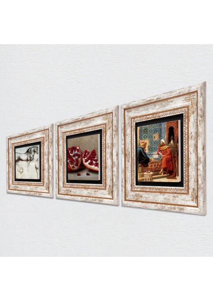 Satranç Oyunu, Leonardo da Vinci At Heykeli, Nar Taş Duvar Tablosu Çerçeveli Duvar Dekoru 3 Parça Tablo Seti Wall Art T3-1286