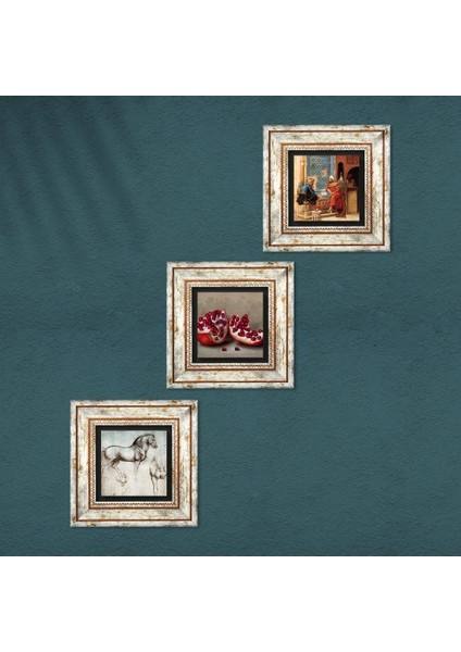Satranç Oyunu, Leonardo da Vinci At Heykeli, Nar Taş Duvar Tablosu Çerçeveli Duvar Dekoru 3 Parça Tablo Seti Wall Art T3-1286