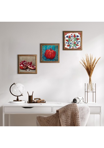 Çini Sanatı Lale, Nar Taş Duvar Tablosu Ahşap Çerçeveli Duvar Dekoru 3 Parça Tablo Seti Wall Art W3-823