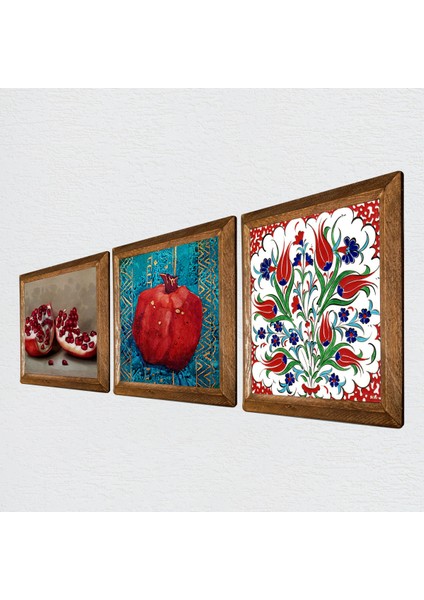 Çini Sanatı Lale, Nar Taş Duvar Tablosu Ahşap Çerçeveli Duvar Dekoru 3 Parça Tablo Seti Wall Art W3-823 fiyatları