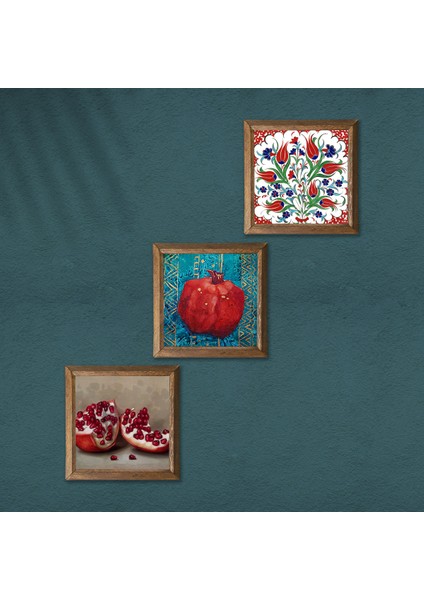 Çini Sanatı Lale, Nar Taş Duvar Tablosu Ahşap Çerçeveli Duvar Dekoru 3 Parça Tablo Seti Wall Art W3-823 modelleri