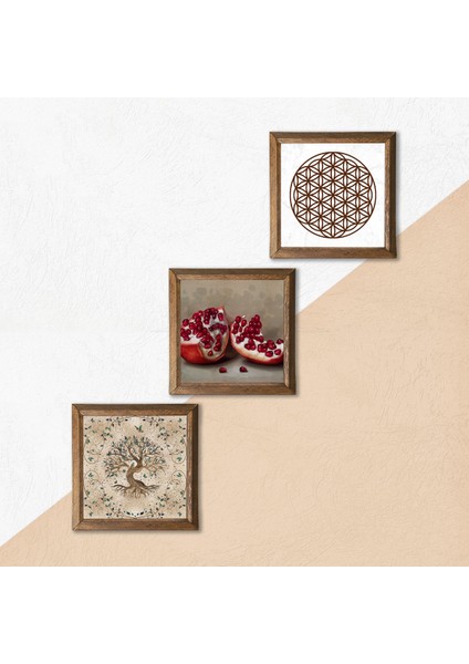 Yaşam Çiçeği, Hayat Ağacı, Nar Taş Duvar Tablosu Ahşap Çerçeveli Duvar Dekoru 3 Parça Tablo Seti Wall Art W3-925