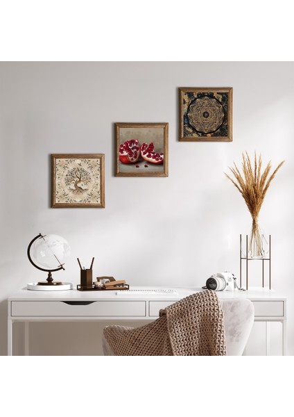 Sri Yantra, Hayat Ağacı, Nar Taş Duvar Tablosu Ahşap Çerçeveli Duvar Dekoru 3 Parça Tablo Seti Wall Art W3-935