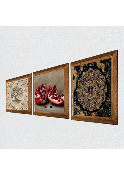 Sri Yantra, Hayat Ağacı, Nar Taş Duvar Tablosu Ahşap Çerçeveli Duvar Dekoru 3 Parça Tablo Seti Wall Art W3-935