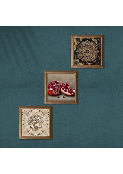 Sri Yantra, Hayat Ağacı, Nar Taş Duvar Tablosu Ahşap Çerçeveli Duvar Dekoru 3 Parça Tablo Seti Wall Art W3-935