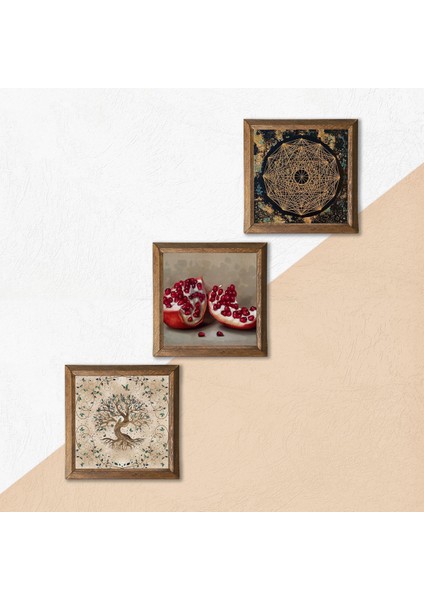 Sri Yantra, Hayat Ağacı, Nar Taş Duvar Tablosu Ahşap Çerçeveli Duvar Dekoru 3 Parça Tablo Seti Wall Art W3-935