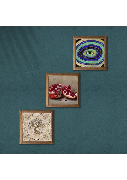 Nazar, Hayat Ağacı, Nar Taş Duvar Tablosu Ahşap Çerçeveli Duvar Dekoru 3 Parça Tablo Seti Wall Art W3-936 modelleri