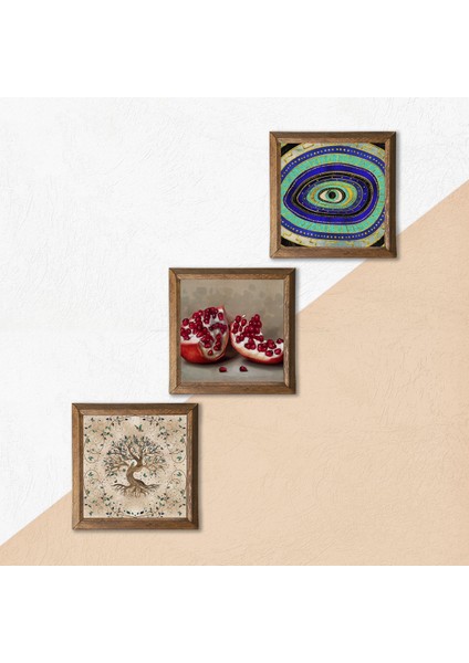 Nazar, Hayat Ağacı, Nar Taş Duvar Tablosu Ahşap Çerçeveli Duvar Dekoru 3 Parça Tablo Seti Wall Art W3-936 indirimleri