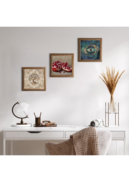 Stone Nazar, Hayat Ağacı, Nar Ahşap Çerçeveli Taş Duvar Tablosu 3’lü Set – 25x25 cm Dekoratif Modern Sanat – Ev ve Ofis Dekoru |W3-937|