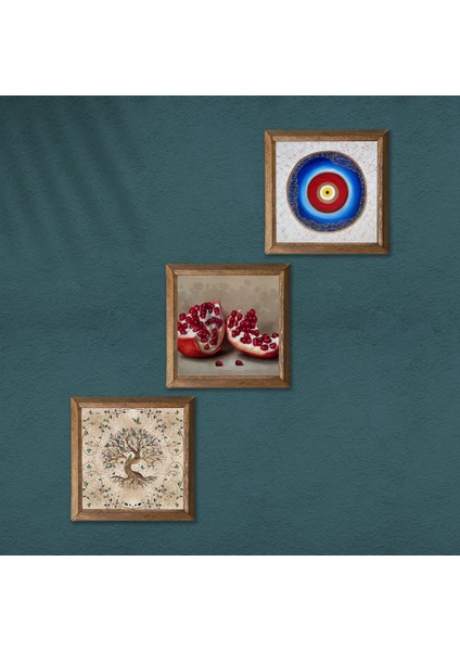 Stone Nazar, Hayat Ağacı, Nar Ahşap Çerçeveli Taş Duvar Tablosu 3’lü Set – 25x25 cm Dekoratif Modern Sanat – Ev ve Ofis Dekoru |W3-946| modelleri